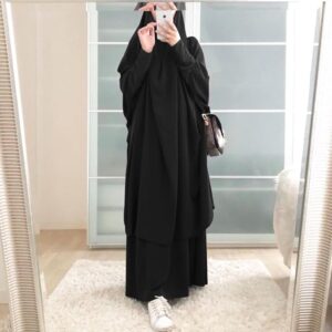 MUS1 Women Muslim Two Piece Prayer Dress Abaya- BLACK